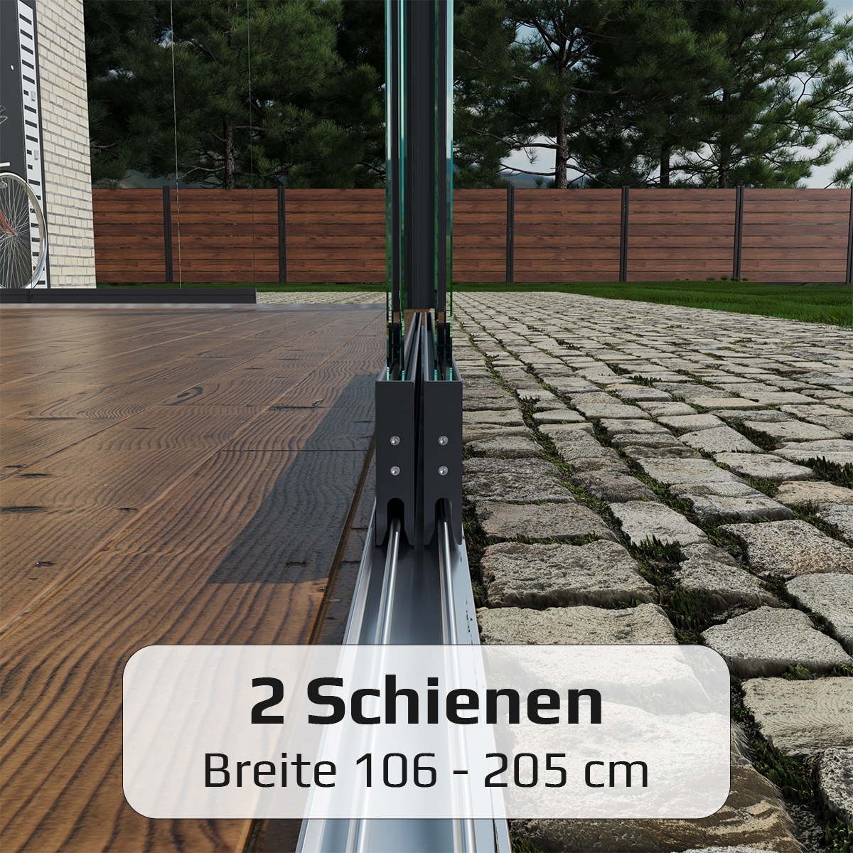 Glasschiebewand mit 2 Schiebeelemente von 106 cm bis zu 205 cm
