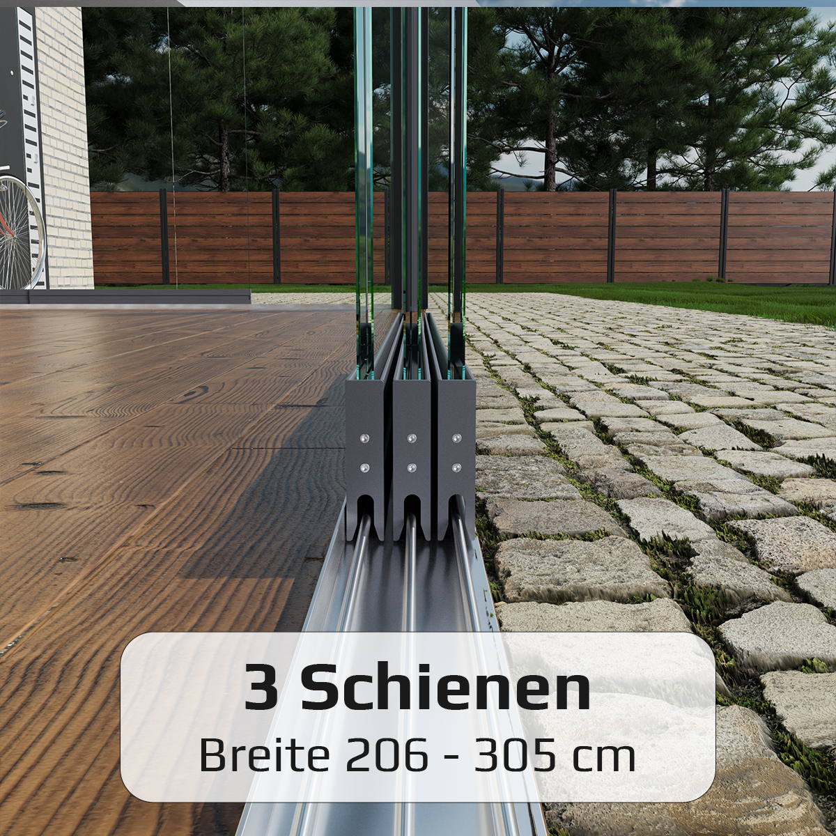 Glasschiebewand mit 3 Schiebeelemente von 206 cm bis zu 305 cm