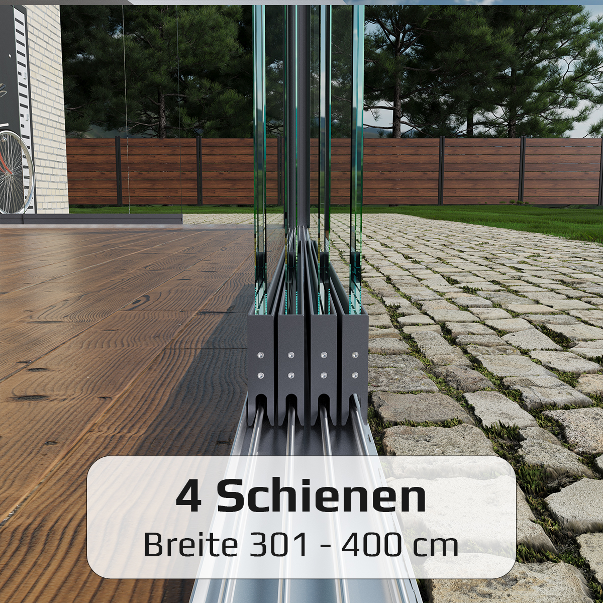 Glasschiebewand mit 4 Schiebeelemente von 301 cm bis zu 400 cm