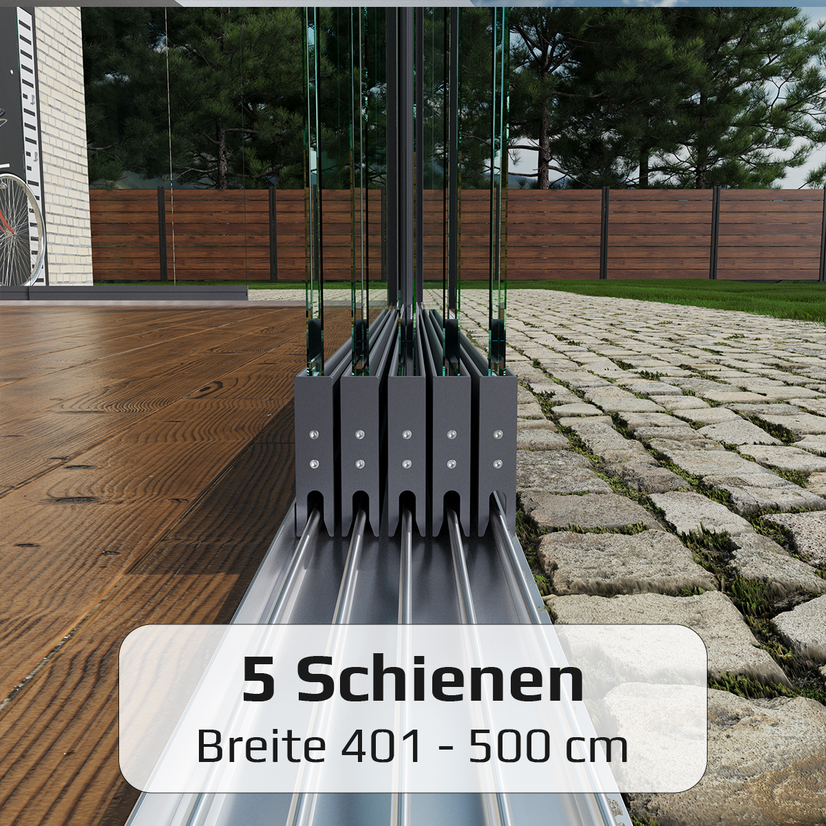 Glasschiebewand mit 5 Schiebeelemente von 401 cm bis zu 500 cm