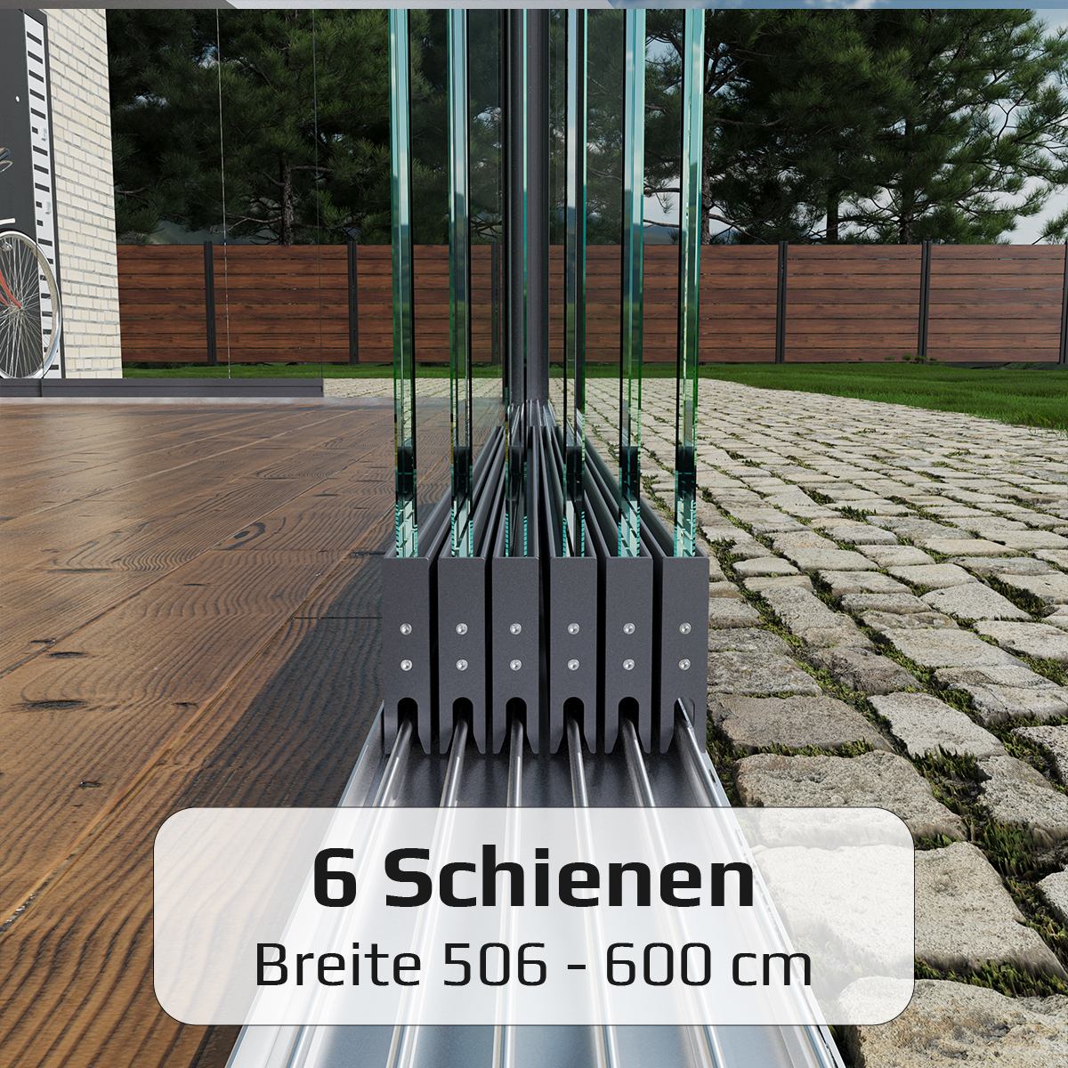 Glasschiebewand mit 6 Schiebeelemente von 506 cm bis zu 600 cm