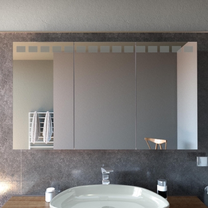 Badspiegelschrank mit LED Beleuchtung ROSKILDE, von vorne und unbeleuchtet beleuchtet